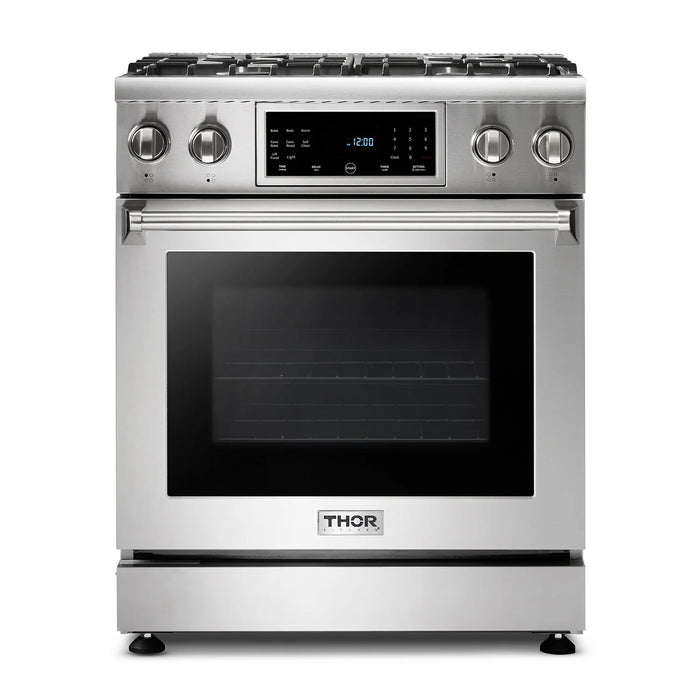 Thor Kitchen Package - 30 In. Propane Gas Range, Range Hood, Refrigerator with Water and Ice Dispenser, Dishwasher, Wine Cooler, AP-TRG3001LP-C-8
