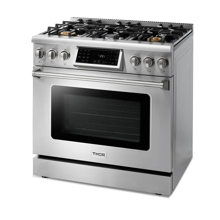 Thor Kitchen Package - 36" Gas Range, Range Hood, Microwave, Refrigerator, Dishwasher, Wine Cooler, AP-TRG3601LP-8