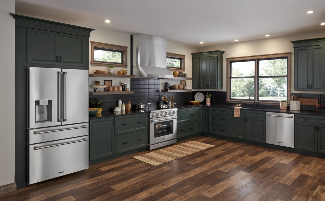 Thor Kitchen Package - 36" Propane Dual Fuel Range, Range Hood, Dishwasher, Refrigerator with Water and Ice Dispenser, AP-HRD3606ULP-10