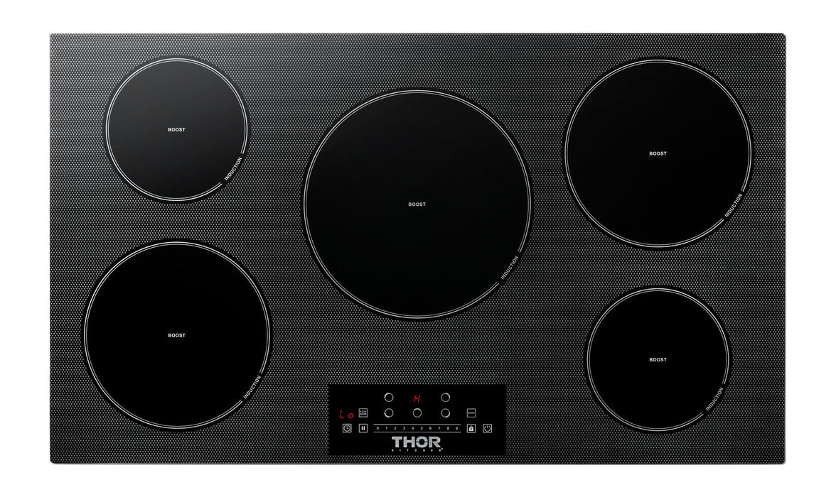 Thor Kitchen Package - 36" Induction Cooktop, Microwave, Refrigerator with Water and Ice Dispenser, Dishwasher, AP-TIH36-12