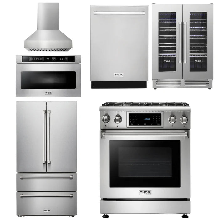 Thor Kitchen Package - 30 In. Propane Gas Range, Range Hood, Microwave Drawer, Refrigerator, Dishwasher, Wine Cooler, AP-TRG3001LP-W-6