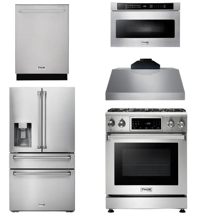 Thor Kitchen Package - 30 In. Propane Gas Range, Range Hood, Microwave Drawer, Refrigerator with Water and Ice Dispenser, Dishwasher, AP-TRG3001LP-C-9