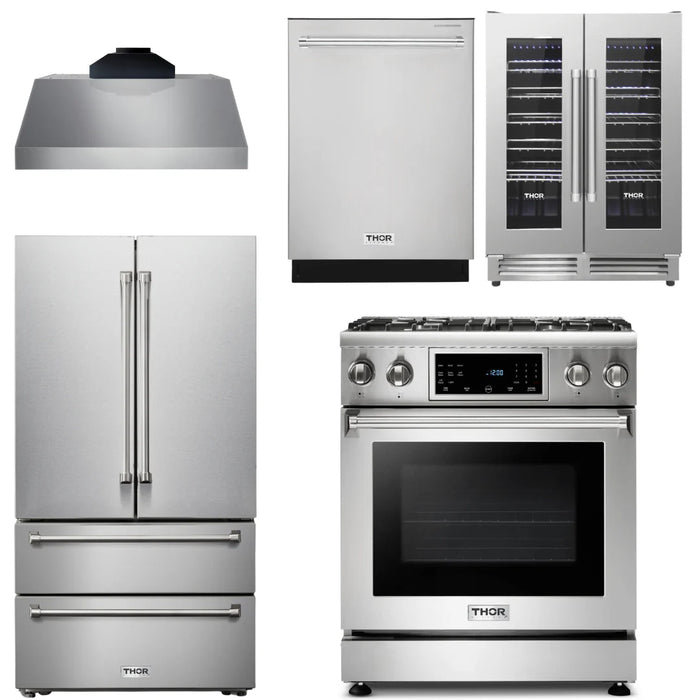 Thor Kitchen Package - 30 In. Propane Gas Range, Range Hood, Refrigerator, Dishwasher, Wine Cooler, AP-TRG3001LP-C-3