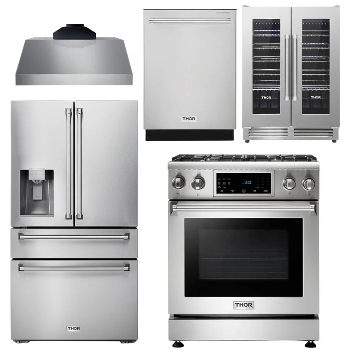 Thor Kitchen Package - 30 In. Propane Gas Range, Range Hood, Refrigerator with Water and Ice Dispenser, Dishwasher, Wine Cooler, AP-TRG3001LP-C-8