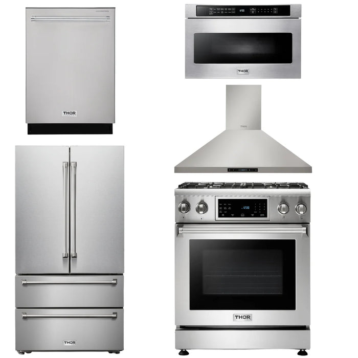 Thor Kitchen Package - 30 In. Propane Gas Range, Range Hood, Microwave Drawer, Refrigerator, Dishwasher, AP-TRG3001LP-7