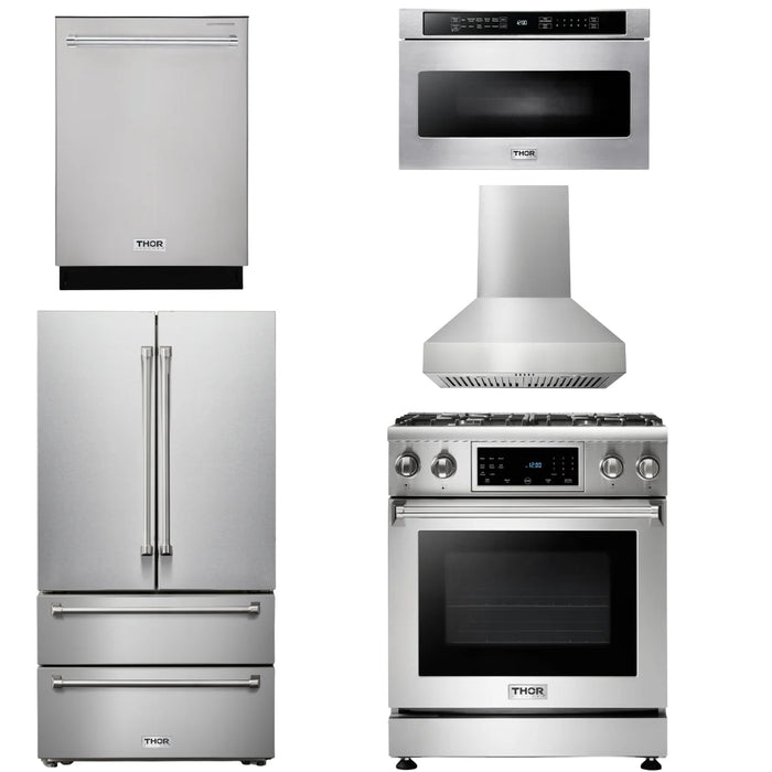 Thor Kitchen Package - 30 In. Propane Gas Range, Range Hood, Microwave Drawer, Refrigerator, Dishwasher, AP-TRG3001LP-W-5
