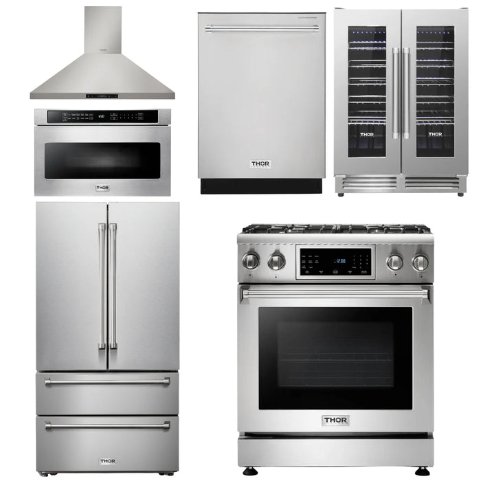Thor Kitchen Package - 30 In. Propane Gas Range, Range Hood, Microwave Drawer, Refrigerator, Dishwasher, Wine Cooler, AP-TRG3001LP-8