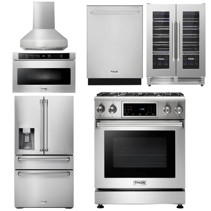 Thor Package - 30" Gas Range, Range Hood, Microwave, Refrigerator with Water & Ice Dispenser, Dishwasher, Wine Cooler, AP-TRG3001LP-W-10