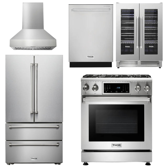 Thor Kitchen Package - 30 In. Propane Gas Range, Range Hood, Refrigerator, Dishwasher, Wine Cooler, AP-TRG3001LP-W-3