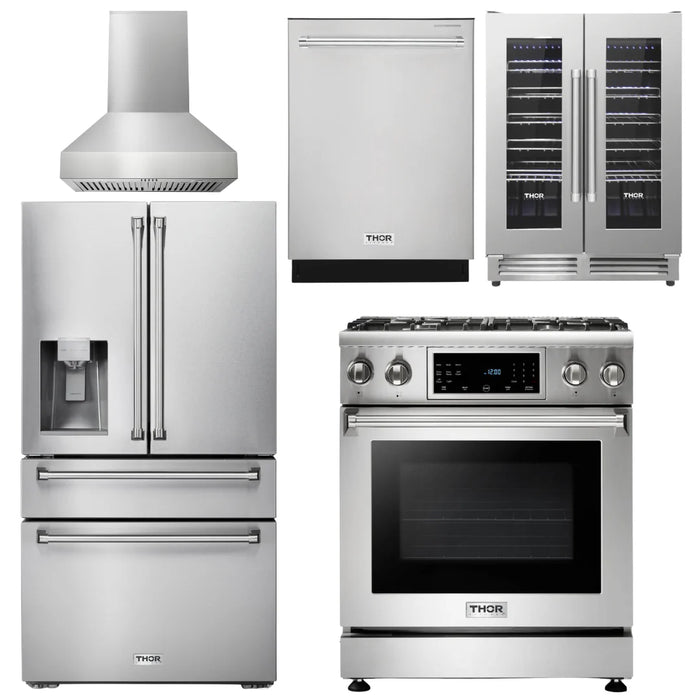 Thor Kitchen Package - 30 In. Propane Gas Range, Range Hood, Refrigerator with Water and Ice Dispenser, Dishwasher, Wine Cooler, AP-TRG3001LP-W-8