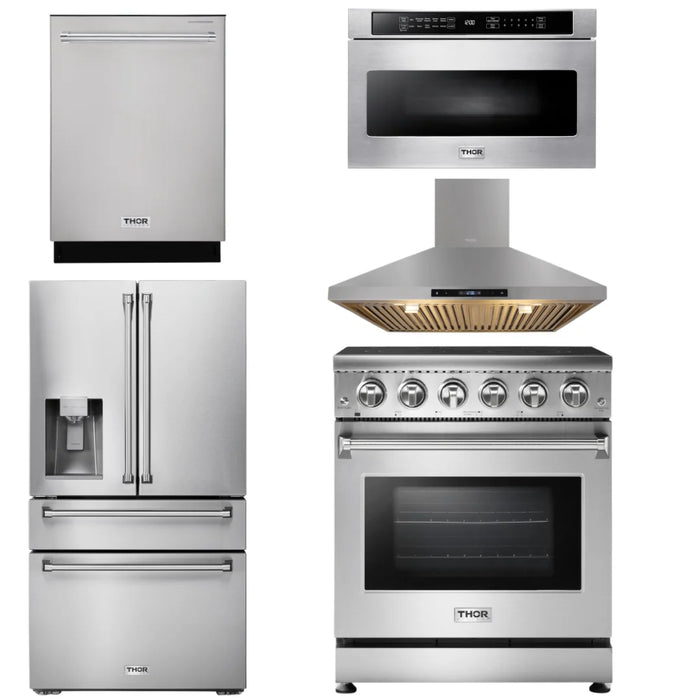 Thor Kitchen Package - 30 inch Electric Range, Range Hood, Microwave, Refrigerator with Water and Ice Dispenser, Dishwasher, AP-HRE3001-13