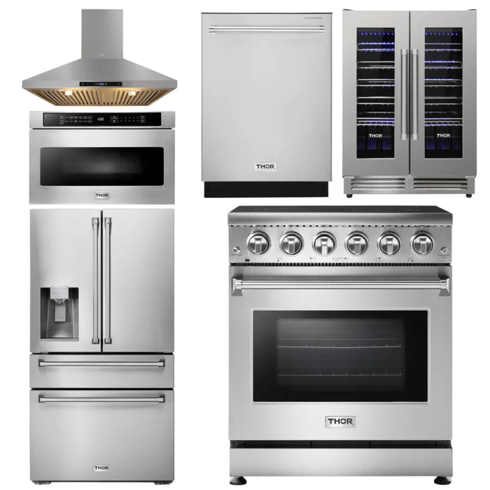 Thor Kitchen Package - 30" Electric Range, Range Hood, Microwave, Refrigerator, Dishwasher, Wine Cooler, AP-HRE3001-14