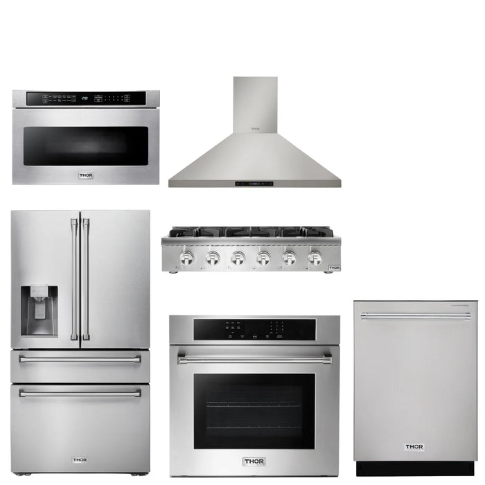 Thor Kitchen Package - 36" Propane Gas Rangetop, Range Hood, Wall Oven, Refrigerator with Water and Ice Dispenser, Dishwasher, Microwave, AP-HRT3618ULP-7