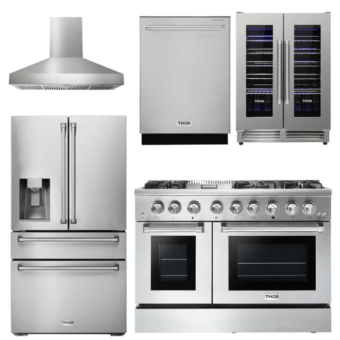 Thor Kitchen Package - 48" Dual Fuel Range, Range Hood, Refrigerator with Water and Ice Dispenser, Dishwasher, Wine Cooler, AP-HRD4803ULP-W-8