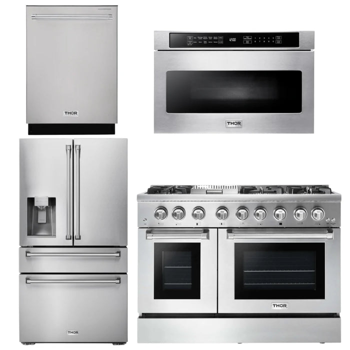 Thor Kitchen Package - 48" Gas Burner, Electric Oven Range, Refrigerator with Water and Ice Dispenser, Dishwasher, Microwave, AP-HRD4803U-12