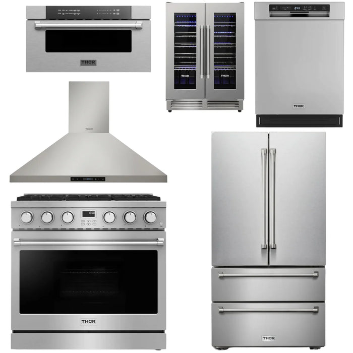 Thor Contemporary Package - 36" Gas Range, Range Hood, Refrigerator, Dishwasher, Microwave and Wine Cooler, Thor-AP-ARG36LP-B132