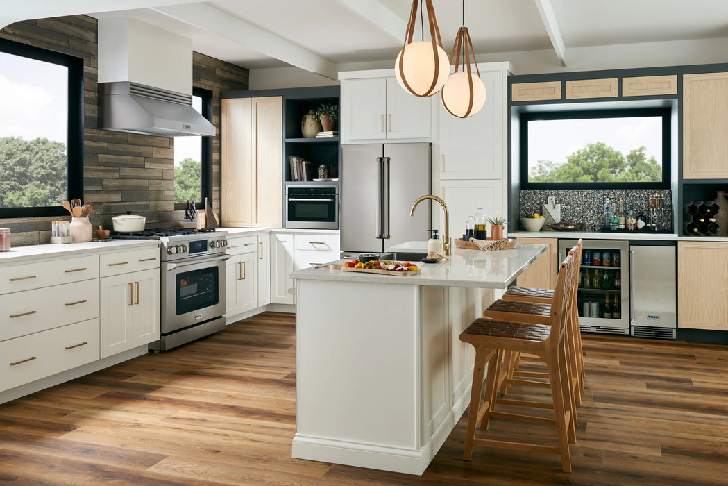 Thor Kitchen Package - 36" Gas Range, Range Hood, Refrigerator with Water and Ice Dispenser, Dishwasher, Wine Cooler, AP-TRG3601-W-8