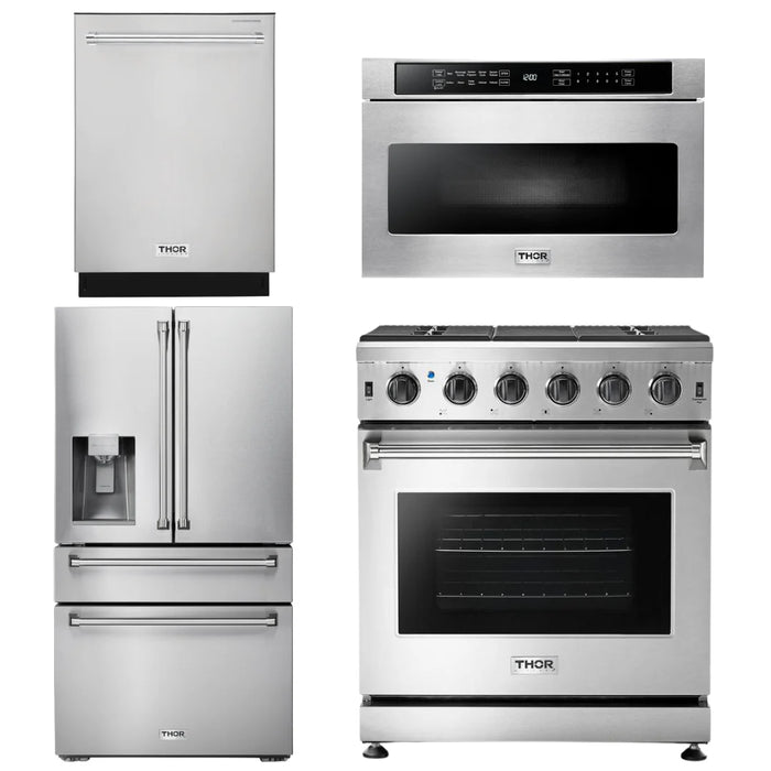 Thor Kitchen Package - 30" Propane Gas Range, Microwave, Refrigerator with Water and Ice Dispenser, Dishwasher, AP-LRG3001ULP-12