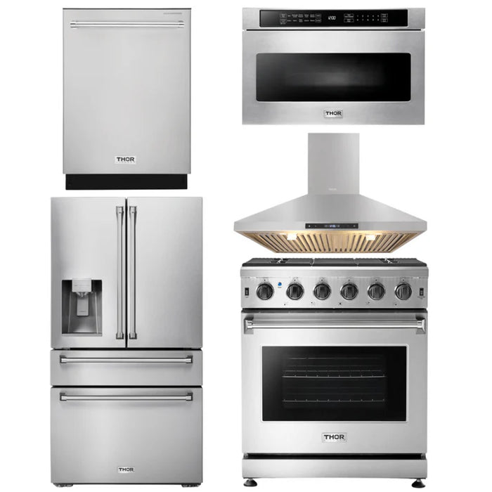 Thor Kitchen Package - 30" Gas Range, Range Hood, Microwave, Refrigerator with Water and Ice Dispenser, Dishwasher, AP-LRG3001U-13