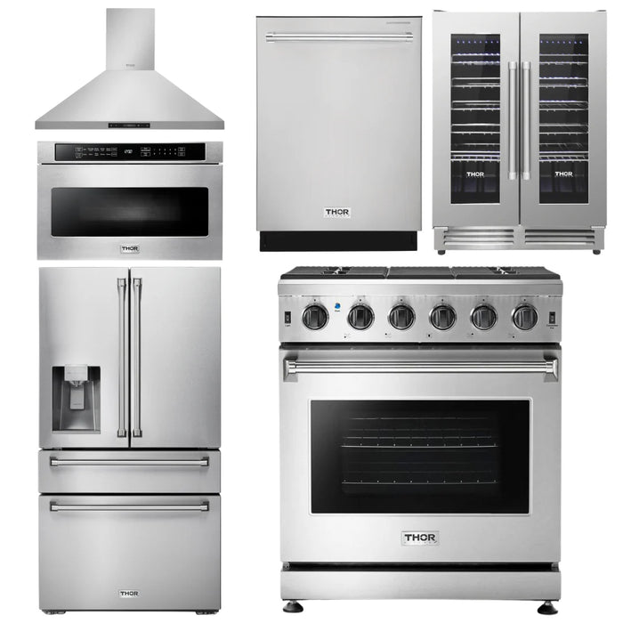 Thor Kitchen Package - 30" Gas Range, Range Hood, Microwave, Refrigerator with Water and Ice Dispenser, Dishwasher, Wine Cooler, AP-LRG3001U-14