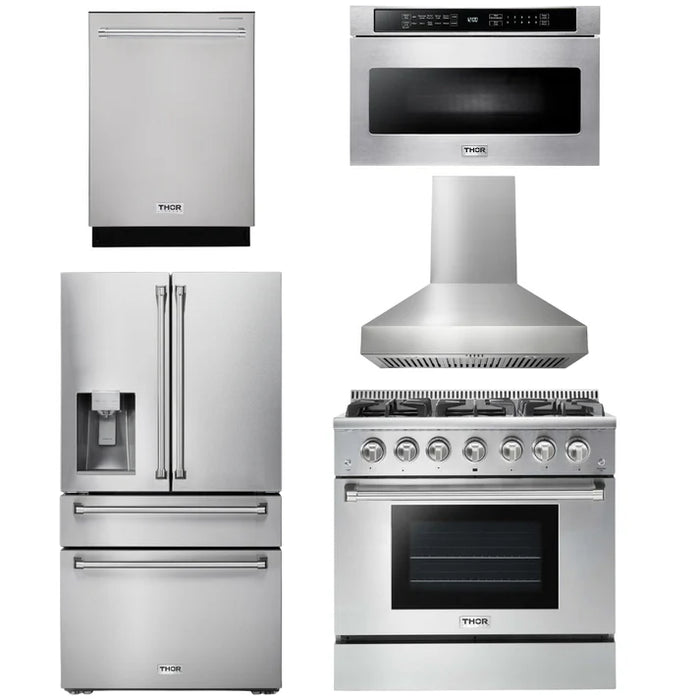 Thor Kitchen Package - 36" Gas Range, Hood, Microwave, Refrigerator with Water and Ice Dispenser, Dishwasher, AP-HRG3618U-W-9