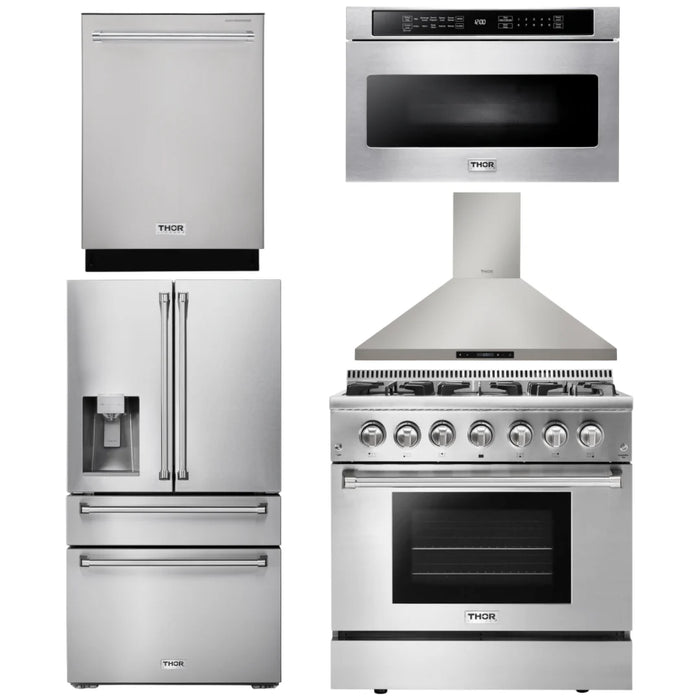 Thor Kitchen Package - 36" Propane Dual Fuel Range, Range Hood, Microwave, Refrigerator with Water and Ice Dispenser, Dishwasher, AP-HRD3606ULP-13