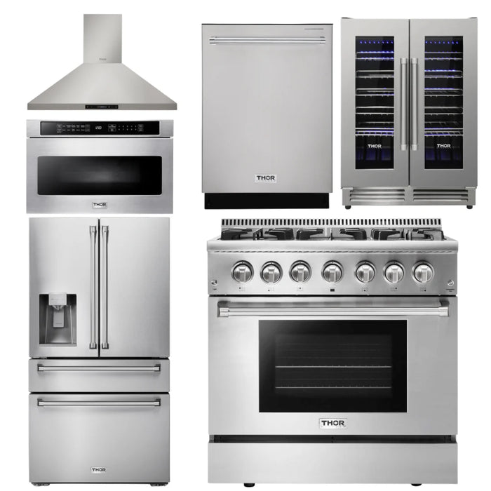 Thor Package - 36" Propane Dual Fuel Range, Range Hood, Microwave, Refrigerator with Water & Ice Dispenser, Dishwasher, Wine Cooler, AP-HRD3606ULP-14