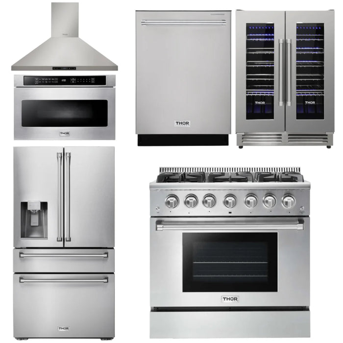 Thor Kitchen Package - 36" Gas Range, Range Hood, Microwave, Refrigerator with Water and Ice Dispenser, Dishwasher, Wine Cooler, AP-HRG3618U-14