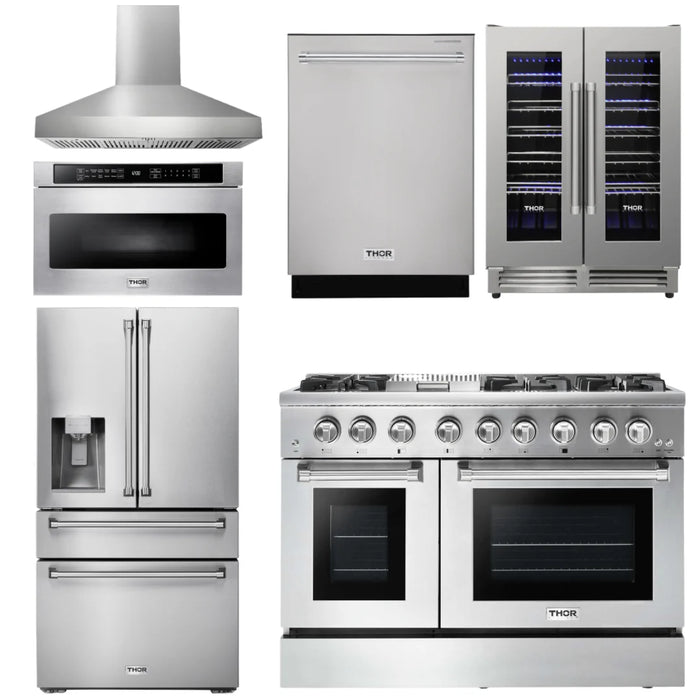 Thor Kitchen Package - 48" Dual Fuel Range, Range Hood, Refrigerator, Dishwasher, Microwave, Wine Cooler, AP-HRD4803U-W-10