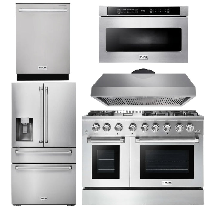 Thor Kitchen Package - 48" Dual Fuel Range, Range Hood, Refrigerator with Water and Ice Dispenser, Dishwasher, Microwave, AP-HRD4803U-13