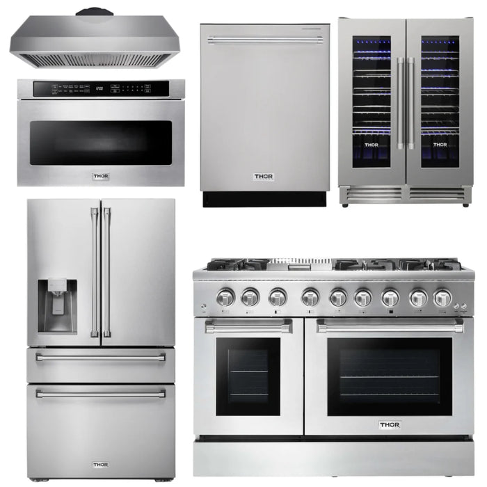 Thor Kitchen Package - 48" Dual Fuel Range, Range Hood, Refrigerator with Water and Ice Dispenser, Dishwasher, Microwave, Wine Cooler, AP-HRD4803U-14