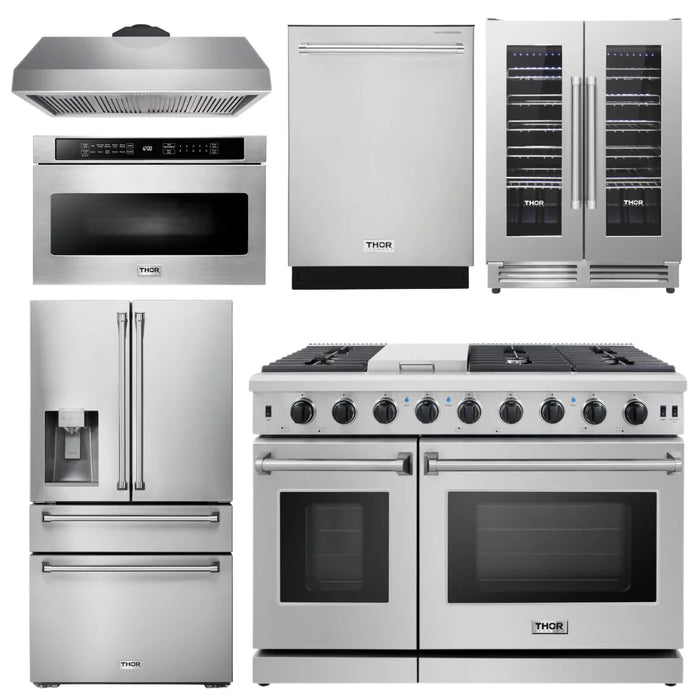 Thor Package - 48" Propane Gas Range, Range Hood, Refrigerator with Water & Ice Dispenser, Dishwasher, Wine Cooler, Microwave, AP-LRG4807ULP-14
