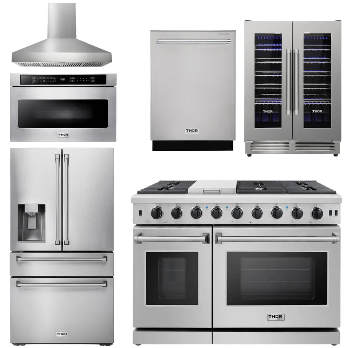 Thor Kitchen Package - 48" Propane Gas Range, Range Hood, Refrigerator, Dishwasher, Wine Cooler, Microwave, AP-LRG4807ULP-W-10