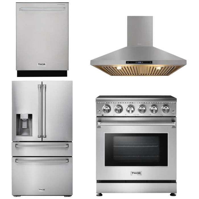 Thor Kitchen Package - 30" Electric Range, Range Hood, Refrigerator with Water and Ice Dispenser, Dishwasher, AP-HRE3001-10