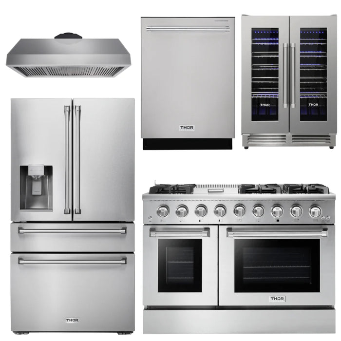 Thor Kitchen Package - 48" Propane Gas Range, Range Hood, Refrigerator with Water and Ice Dispenser, Dishwasher, Wine Cooler, AP-HRG4808ULP-11