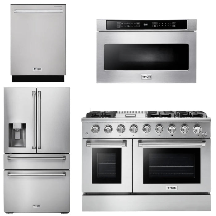 Thor Kitchen Package - 48" Propane Gas Range, Refrigerator with Water and Ice Dispenser, Dishwasher, Microwave, AP-HRG4808ULP-12