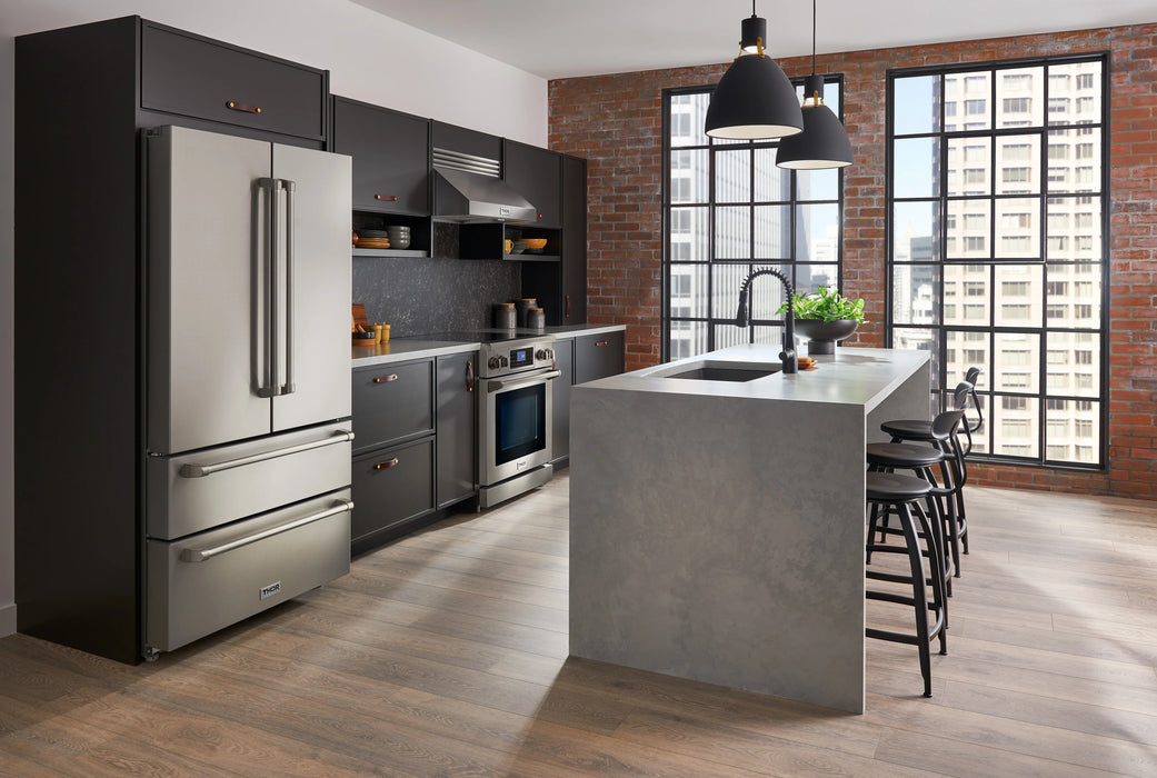 Thor Kitchen Package - 30" Electric Range, Range Hood, Microwave, Refrigerator with Water and Ice Dispenser, Dishwasher, Wine Cooler, AP-TRE3001-W-10