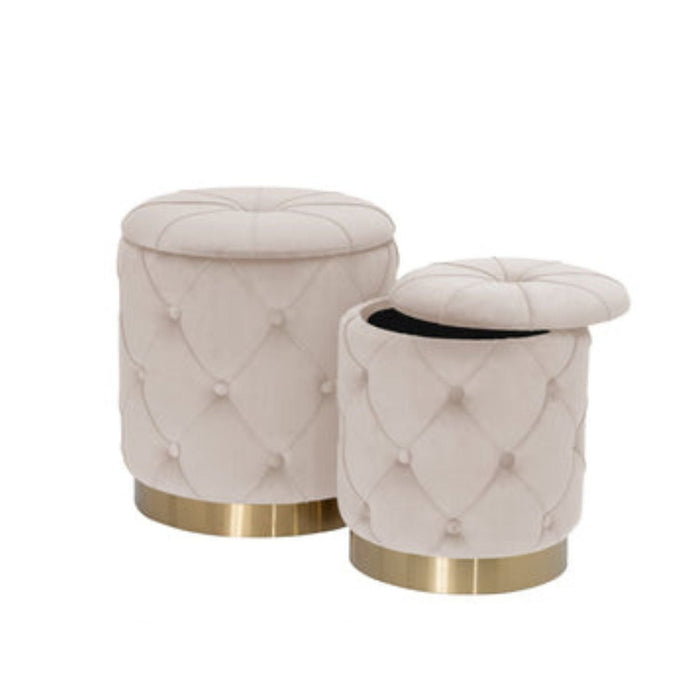 Best Quality Furniture - Beige 14″ Velvet Round Storage Ottoman - Set of 2