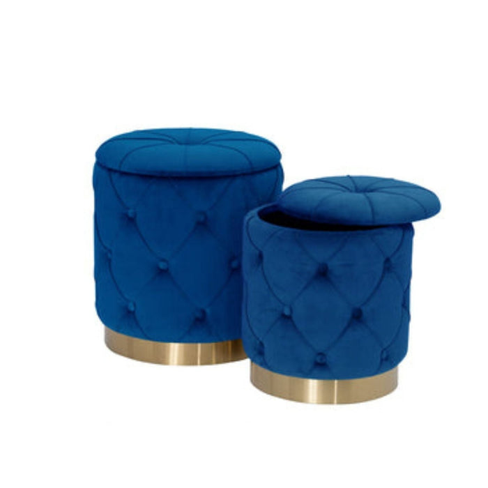 Best Quality Furniture - Navy Blue 14″ Velvet Round Storage Ottoman - Set of 2