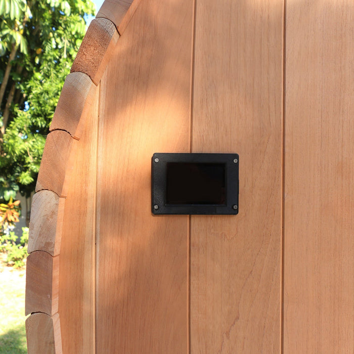 Scandia's Electric Barrel Sauna Kit in wood, with dimensions of 6'W x 5'D x 6'H.