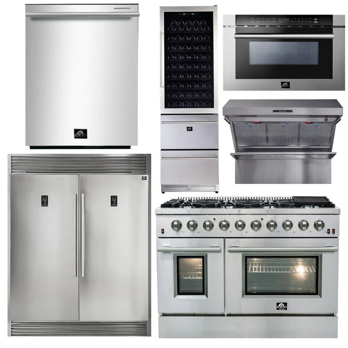 Forno Appliance Package - 48 Inch Dual Fuel Range, Range Hood, Refrigerator, Microwave Drawer, Dishwasher, Wine Cooler, AP-FFSGS6156-48-9