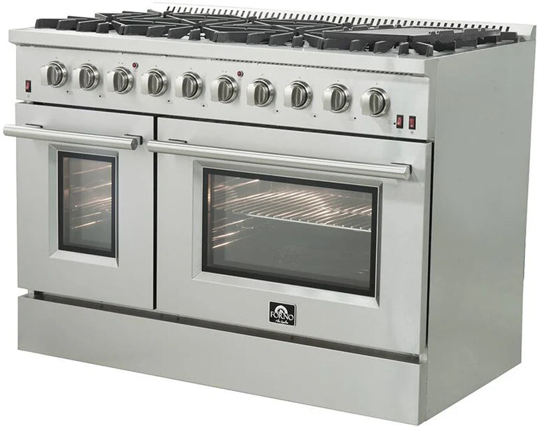 Forno Appliance Package - 48" Gas Range, Range Hood, 36" Refrigerator, Dishwasher, Microwave Drawer, Wine Cooler, AP-FFSGS6244-48-19