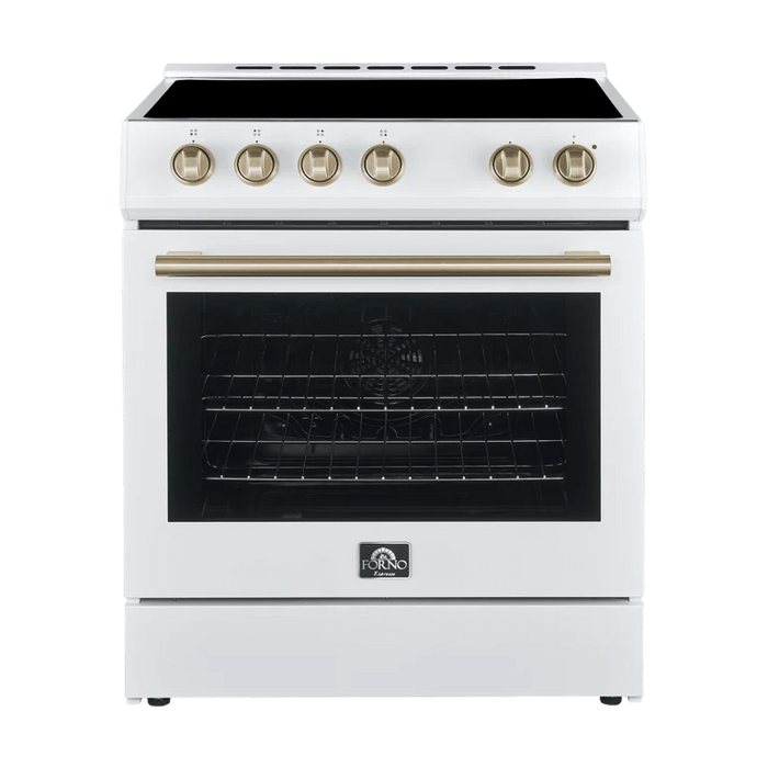 Forno Espresso Package - 30" Electric Range and Refrigerator in White with Antique Brass Handles, AP-FFSEL6012-30WHT-A-A12