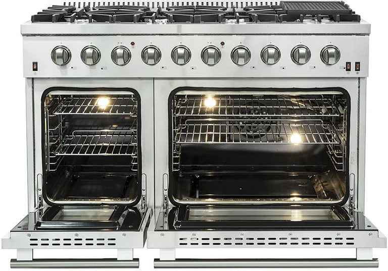Forno Appliance Package - 48" Gas Range, Range Hood, 36" Refrigerator, Dishwasher, Microwave Drawer, Wine Cooler, AP-FFSGS6244-48-19