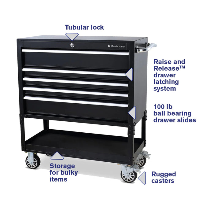 Steel Montezuma Utility Cart with 5 drawers, measuring 36" x 18"