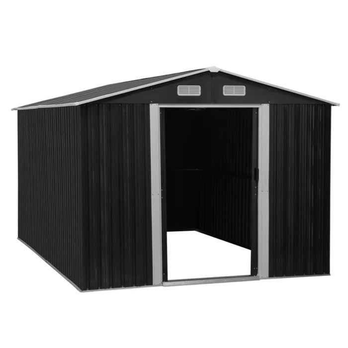 Jaxpety Charcoal Black Outdoor Metal Storage Shed, 8' x 12', with Sliding Doors for Backyard