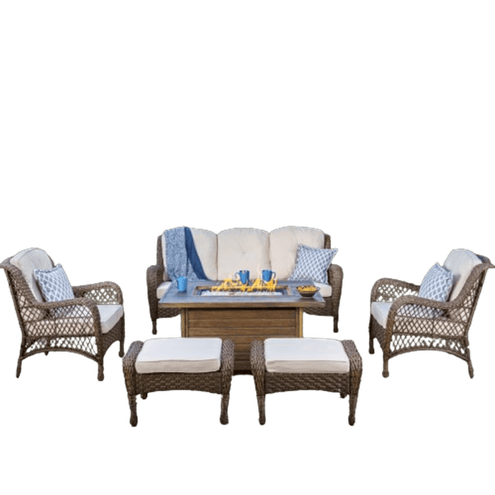 Tortuga Outdoor Rio Vista - 7pc Fire Table Sofa Set - Sandstone/Beige - 6PC Sofa Set, 1 Side Table, and 1 Fire Table