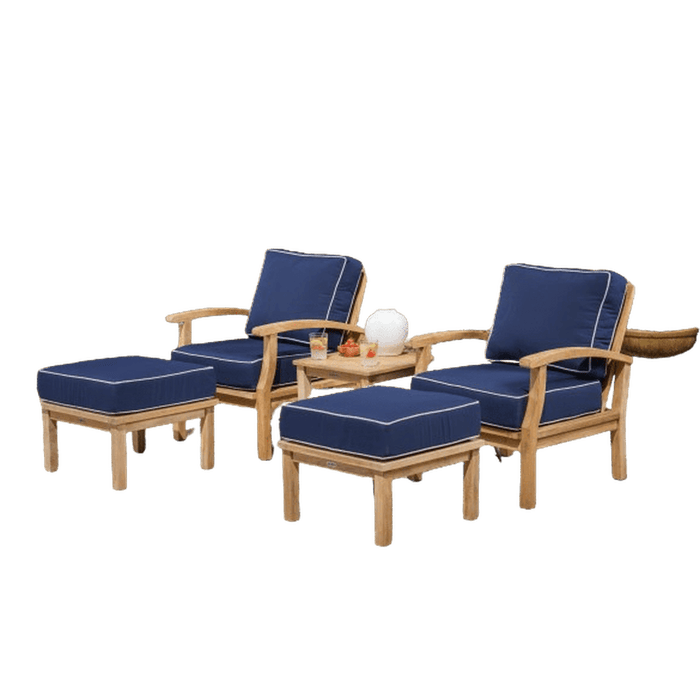 Tortuga Outdoor 5Pc Indonesian Teak Club Chair Set - 2 Club Chairs, 2 Ottomans, 1 Side Table - Sunbrella Navy