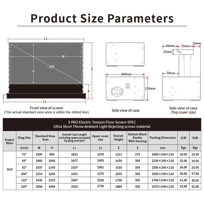 Motorized Tension Floor Rising UST ALR Projector Screen by VIVIDSTORM S PRO