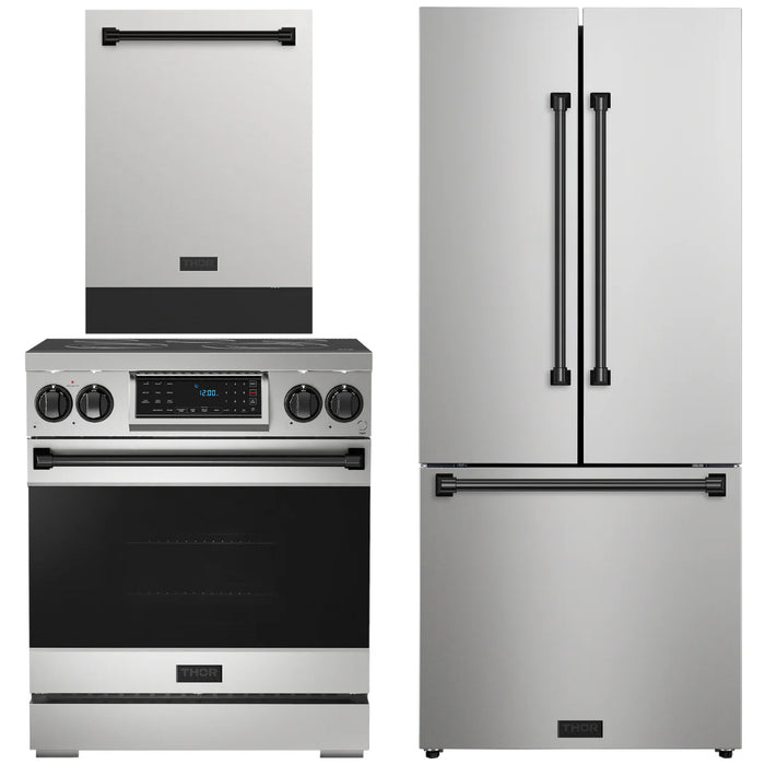 Gordon Ramsay by THOR Kitchen Package - 30" Electric Range, 30" Refrigerator with Ice Maker and Dishwasher in Stainless Steel with Black Accents, AP-RSE30-BLK-1